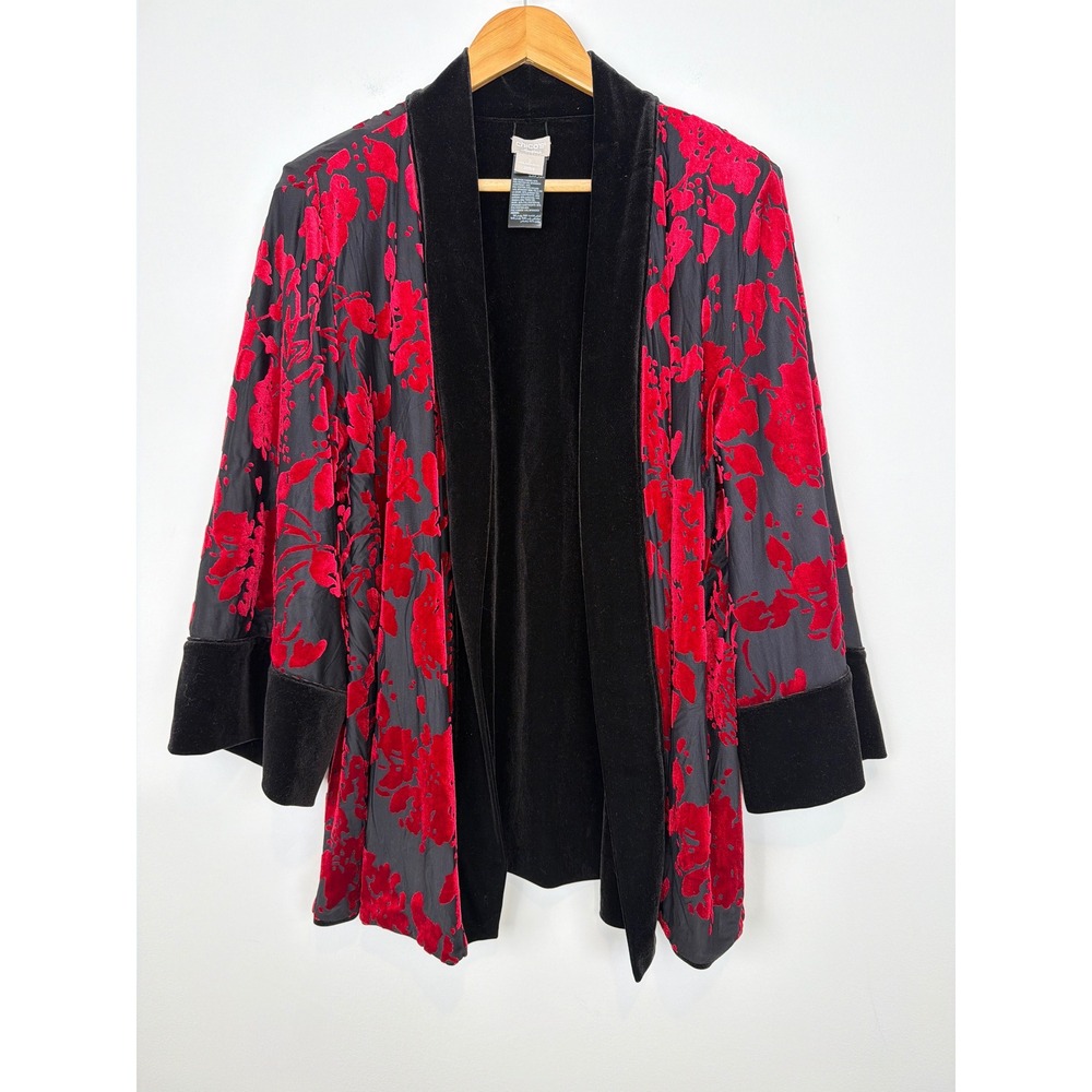 Chico's Travelers Reversible Velvet Burnout Kimono Sz 2 L Red Black Floral